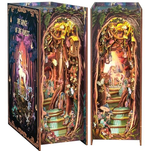 CUTEBEE Book Nook Kit-DIY Miniatura Dollhouse Booknooks Kit per adulti, 3D Puzzle Bookend in legno, Doll House Modello Building, Libreria Inserti Decor con Luce LED (The Grace of the Forest)