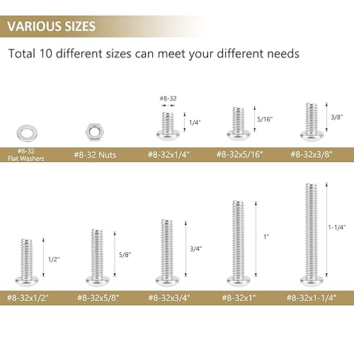 Miniatura 3 de Juego de 202 piezas #8-32x 14", 516", 38", 12", 58", 34", 1", 1-14", Tornillos Phillips con cabeza sartén, tuercas y arandelas surtidas, acero