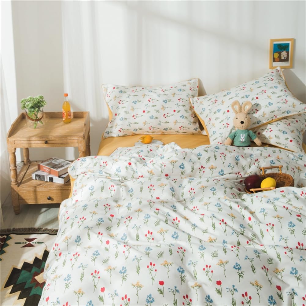 Covebett Cotton Single Duvet Cover Set Red Blue Yellow Colourful Floral Flower Print Reversible Bedding Set 2pcs, Aesthetic Botanical Quilt Cover 135x200 with Zipper Closure and 1 Pillowcase 50x75 cm