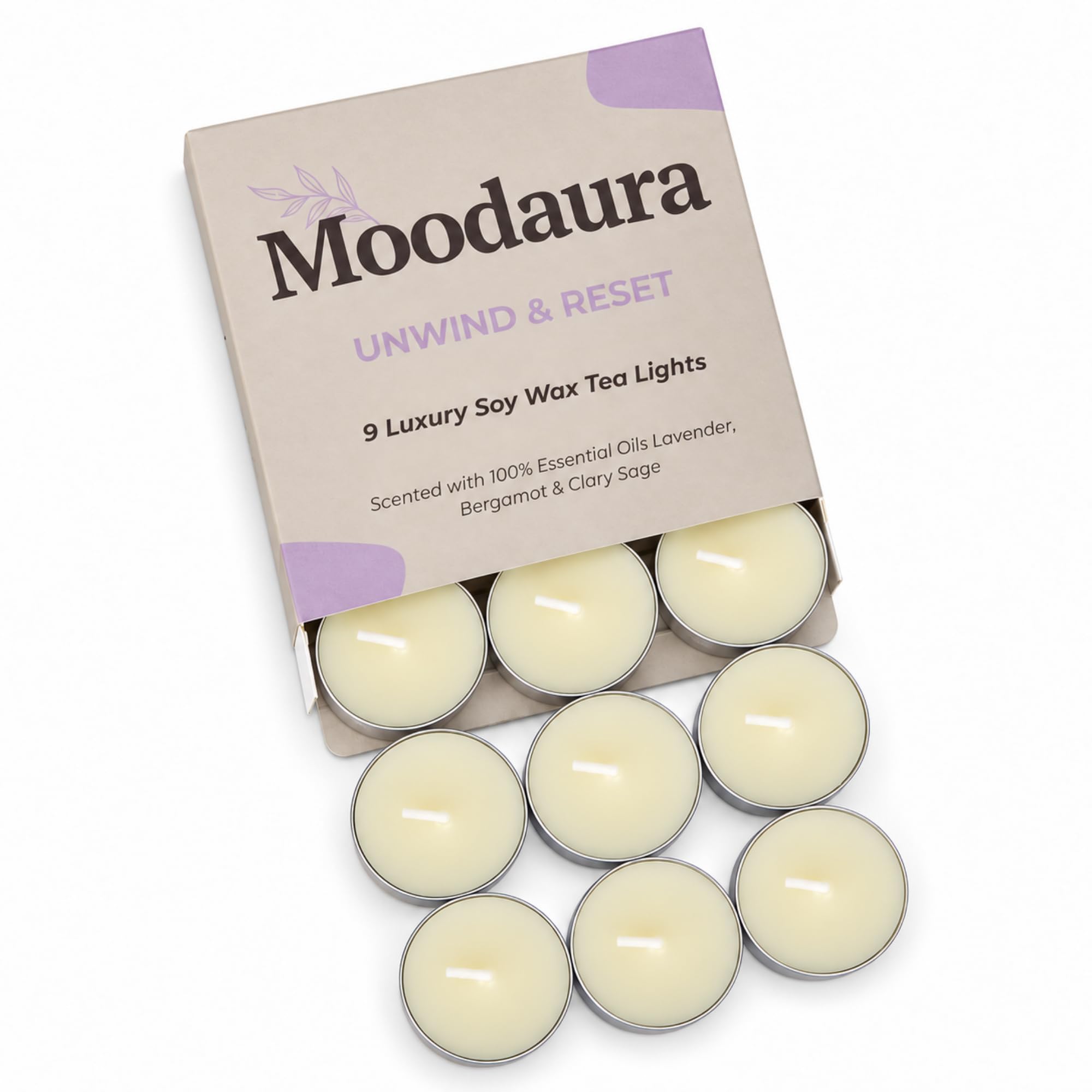 Moodaura 9X Tealights, Lavender, Bergamot & Clary Sage Essential Oils