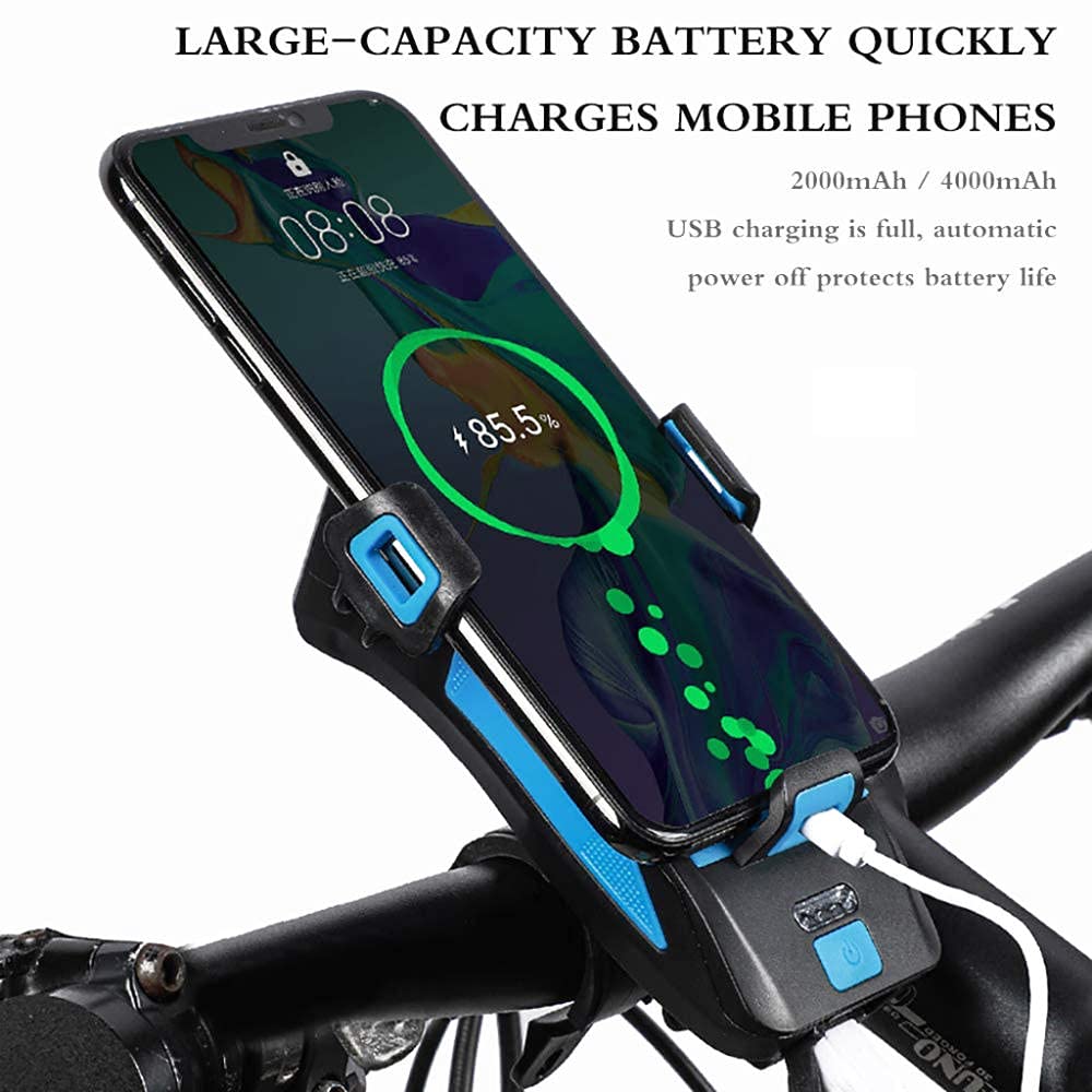 Światło rowerowe Światło rowerowe 4 w 1, Akumulatorowe światła rowerowe USB Reflektor rowerowy Przednie światło Wodoodporny z klaksonem rowerowym Rowerowy uchwyt na telefon komórkowy Super