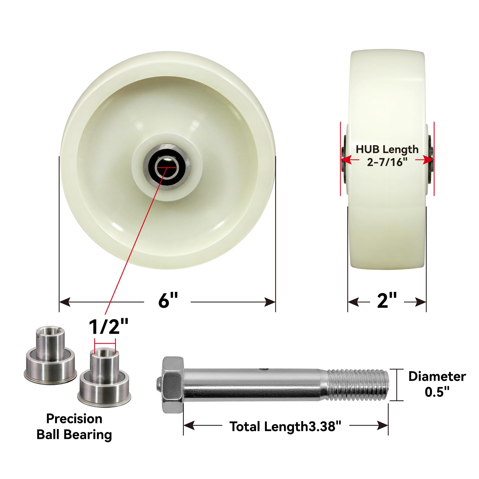 Ruote piroettanti da 15,2 x 5,1 cm, in nylon resistente con cuscinetto di precisione, capacità di carico di 317,5 kg per ruota, ruote bianche di ricambio per camere bianche, camion con