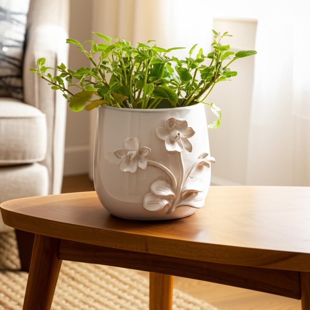 Ceramic Planter and Flower Pot for Home Decor – Elegant Plant Pot with Sculpted Floral Detail for Indoor and Outdoor Use – Adds a Romantic Touch to Garden, Patio, Living Room, or Shelf – 6" Ivory