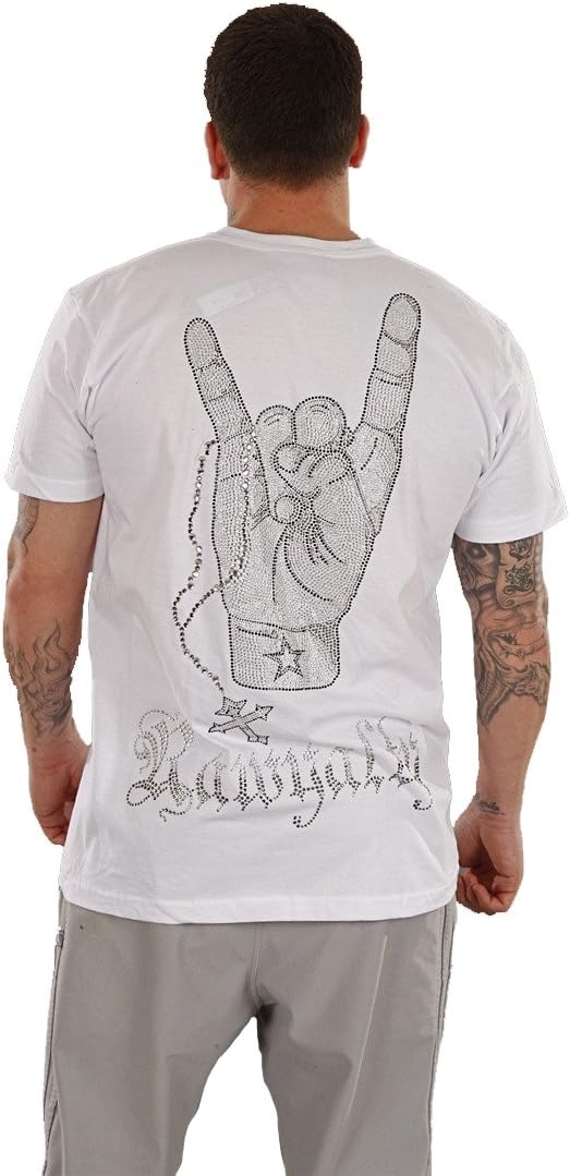 Rawyalty Mens Rock On Hang Loose Rosary Rhinestone Tee Shirt in White