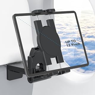 KDD Airplane Tablet Holder Mount, Adjustable Travel Essentials iPad Phone Stand with 360 Degree Rotation, Portable Tesla Model 3/Y Car Headrest Mount Compatible with iPad, Cell Phone