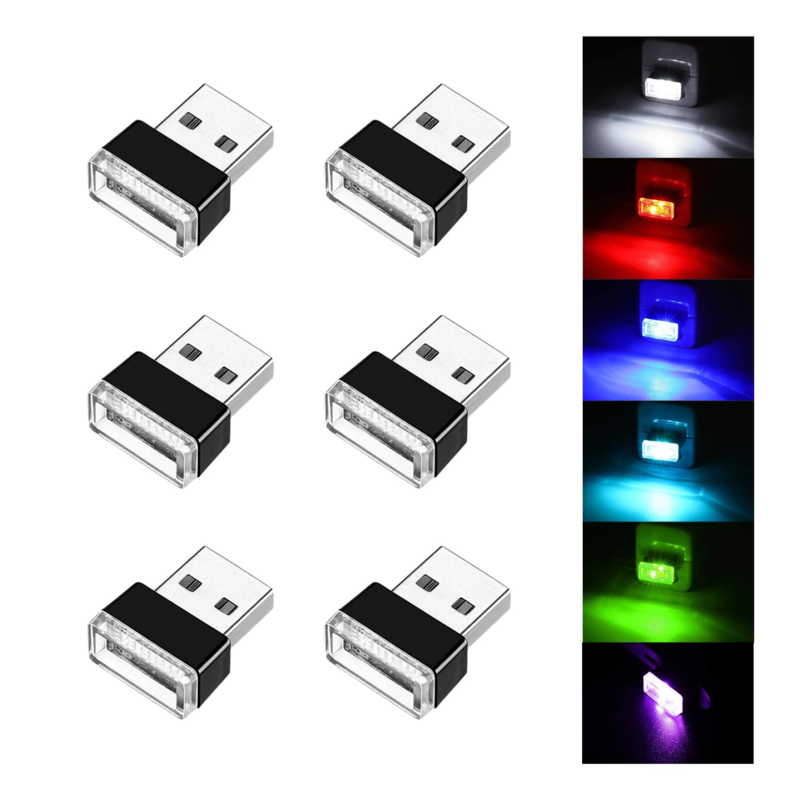 Ziciner 6 PCS USB LED Car Interior Atmosphere Lamp, Portable Mini LED Night Light, Plug-in USB Interface Trunk Ambient Lighting Kit, Universal Interior Accessories for Most Vehicles (6 Color)