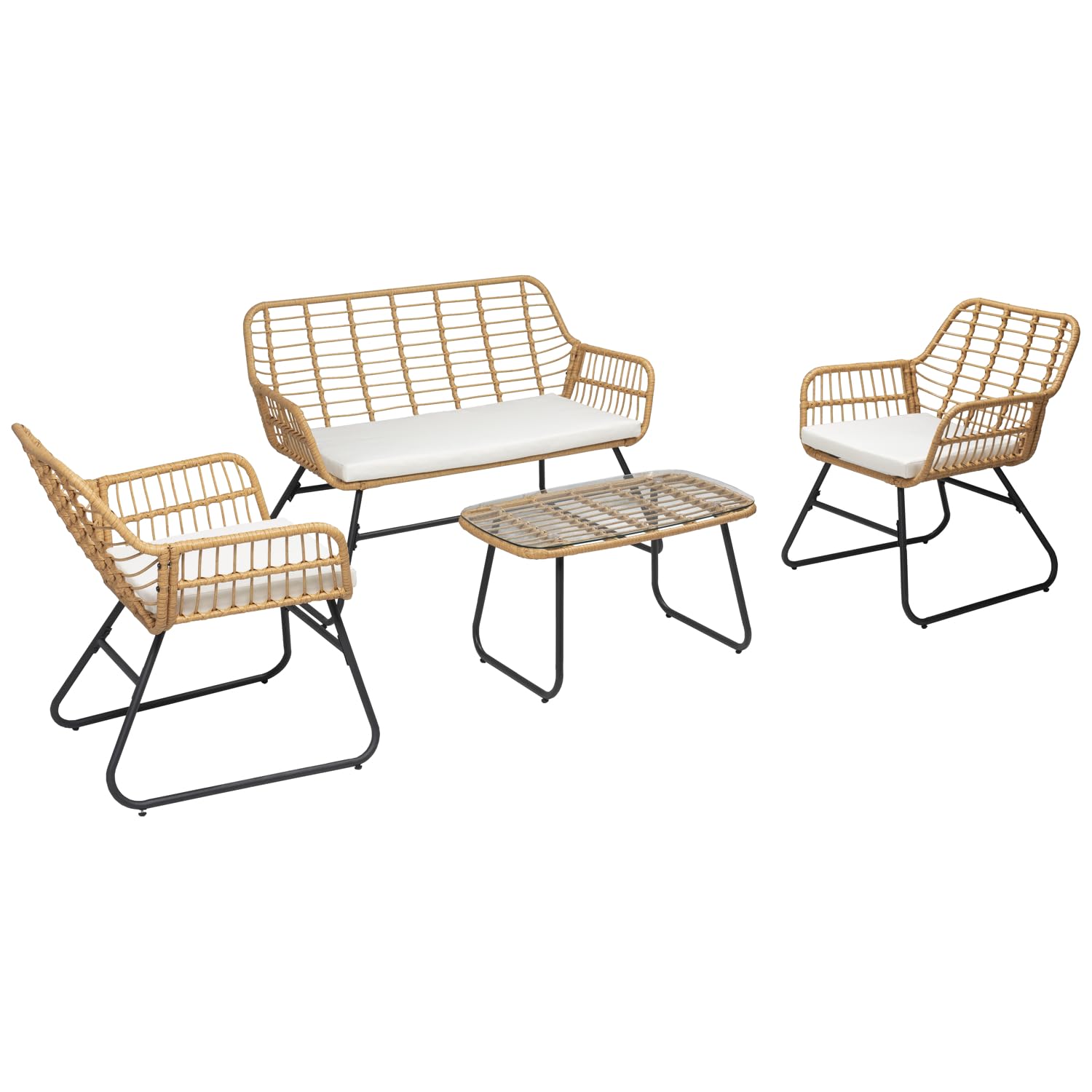 TIGA meble ogrodowe z plecionej żywicy, 4 siedzenia – szare poduszki – 1 sofa, 2 fotele, 1 stolik kawowy