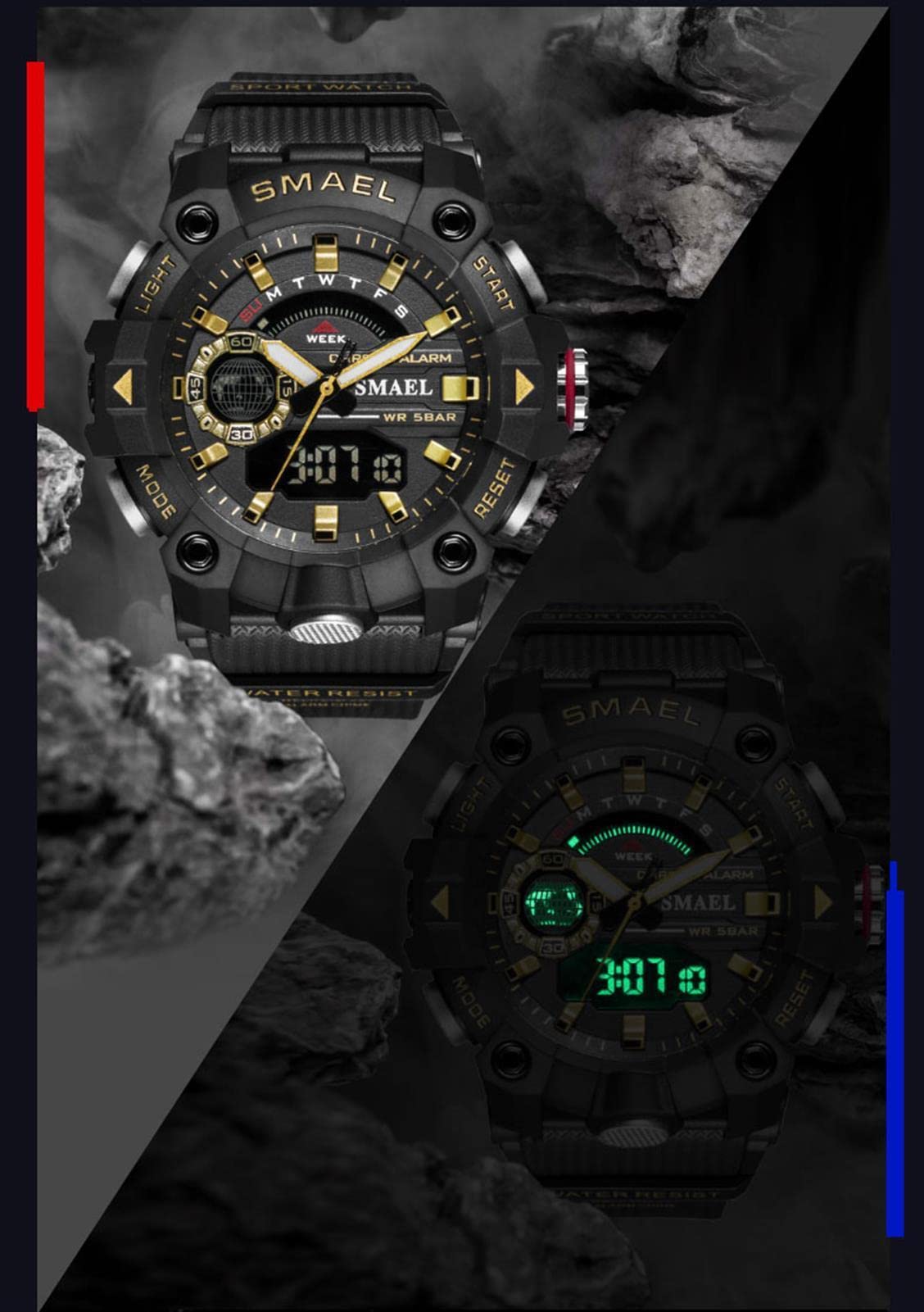 Orologi Sportivi per Uomini, Orologi Militari A Doppia Display Luminosi Multifunzionali, Orologio al Quarzo Multi Dial-Quadrante Analogico, con Allarme