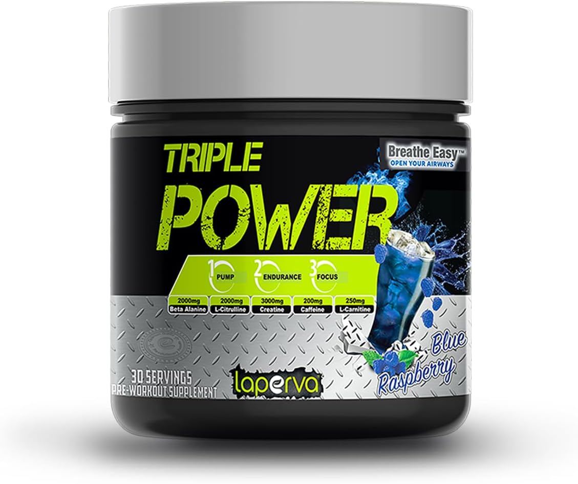 Pre Workout | laperva Triple Power - Increase Physical Performance with Citrulline, Creatine, Beta Alanine, Caffeine Vitamin B Complex - 30 Servings (Blue Raspberry)