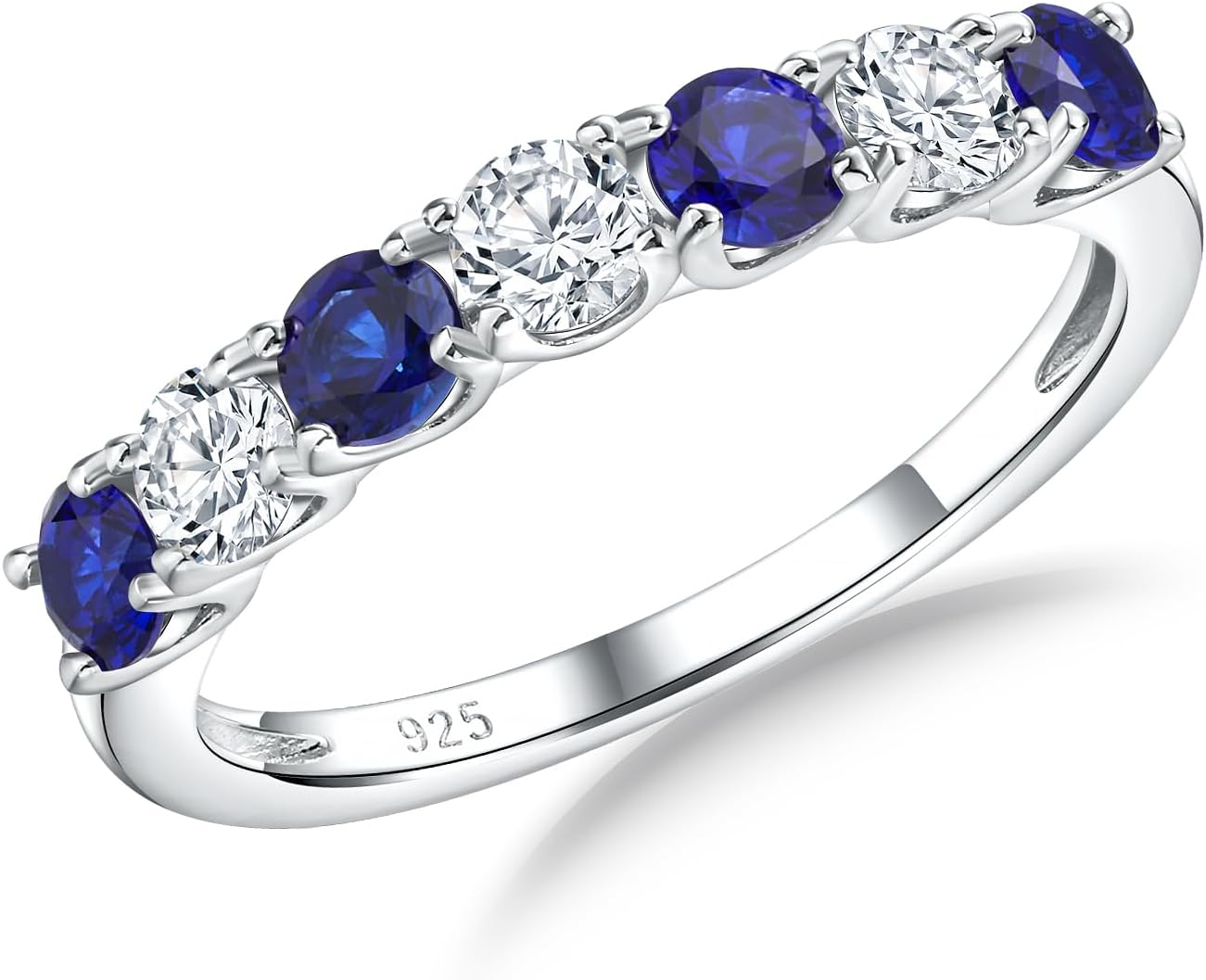 Sterling Silver Birthstone Rings for Women Wedding Bands, 3.5mm Half Eternity Band 7 Stone Anniversary Ring, 12 Month Gemstone Stackable Rings Size 6-10