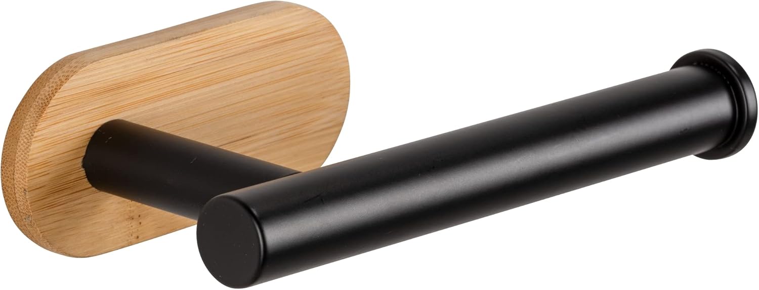 WENKO Turbo-Loc® Orea Bamboo Toilet Paper Holder Made of Black Matt Lacquered Stainless Steel Combined with a Bamboo Wall Mount, No Drilling Required, 16 x 4.5 x 8 cm
