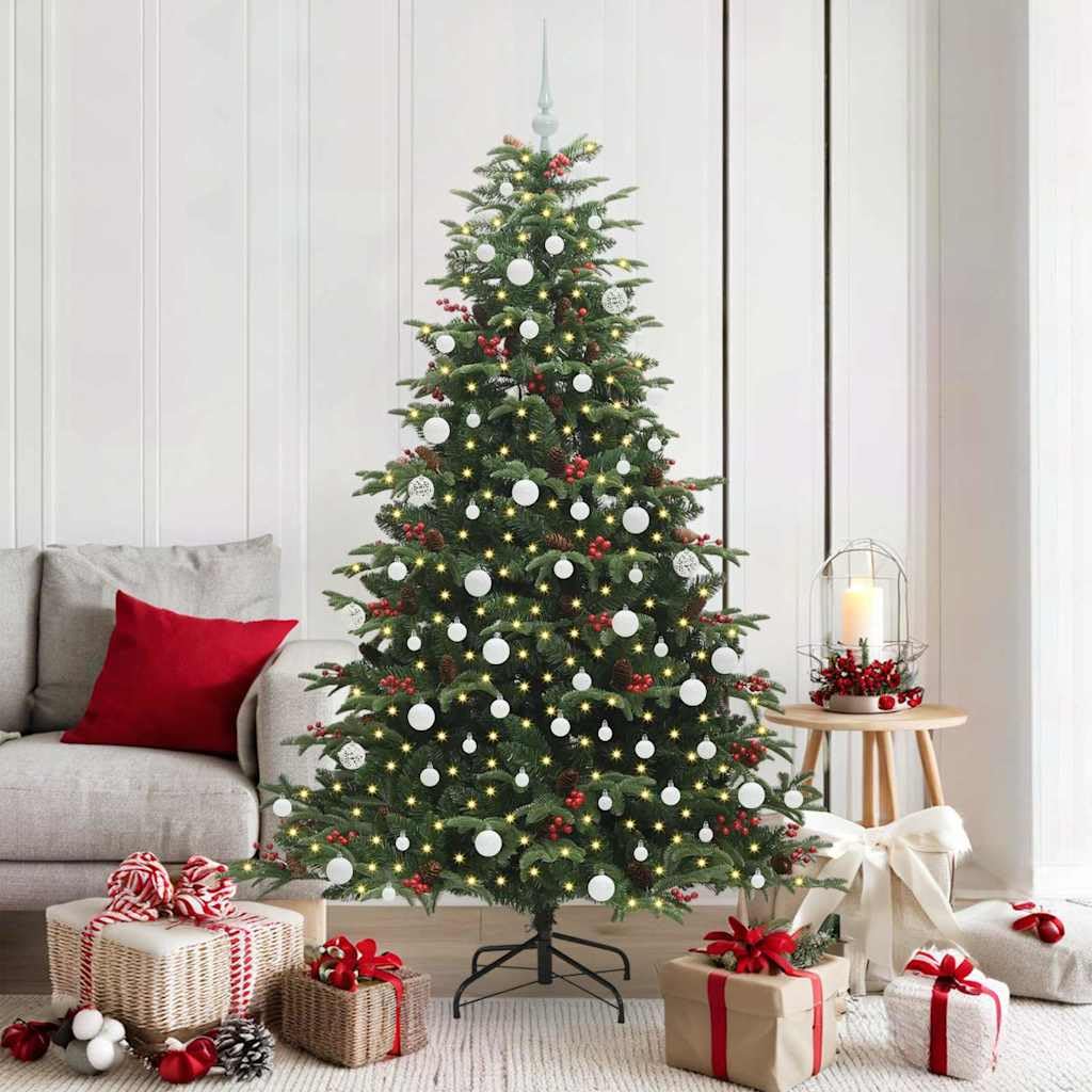 Albero di Natale artificiale con 300 LED bianco caldo, 180 cm, verde, pieghevole, in PVC, con supporto, per interni ed esterni protetti, 8 modalità flash, funzionamento USB