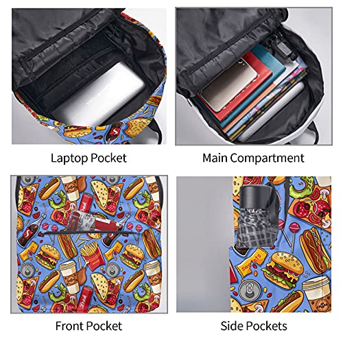 16 inch backpack Fast Food Hamburger Pizza Cola Laptop Backpack Full Print School Bookbag Shoulder Bag for Travel Daypack 6