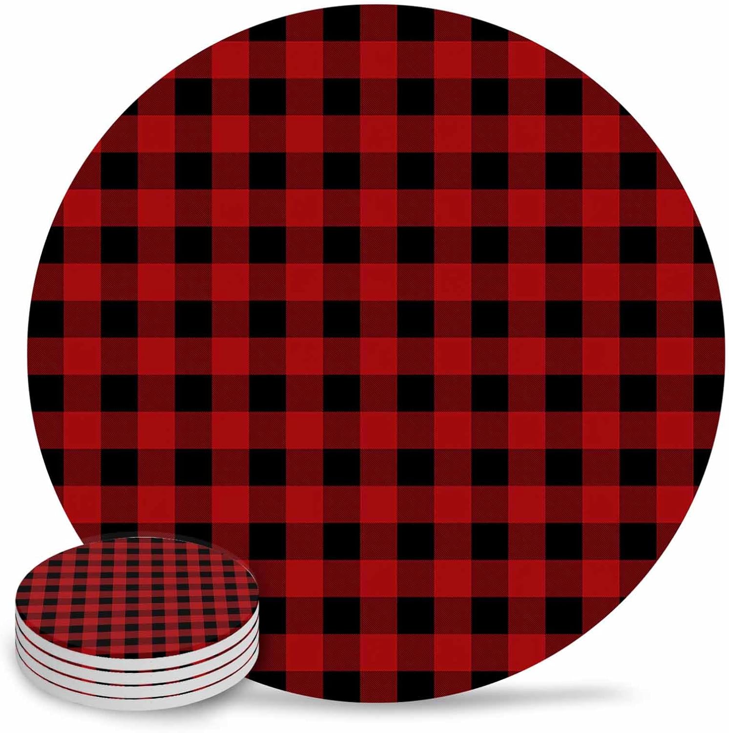 Black Red Coaster Set of 8 Buffalo Plaid Checked Absorbent Drink Coasters with Holder Ceramic Coaster for Table Dining Cup Mat for Kitche Cafe Bar Warming Gifts 4 Inches
