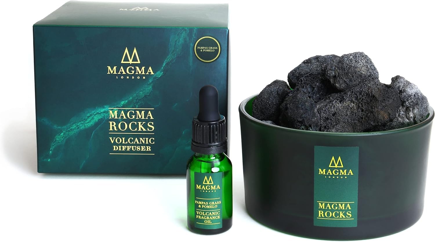 Magma London - Volcanic Rock Diffuser - Pampas Grass & Pomelo - Freshly Cut Grass and Various Green Leaves with a Hint of Pomelo Orange and Lime - Home and Office Decor