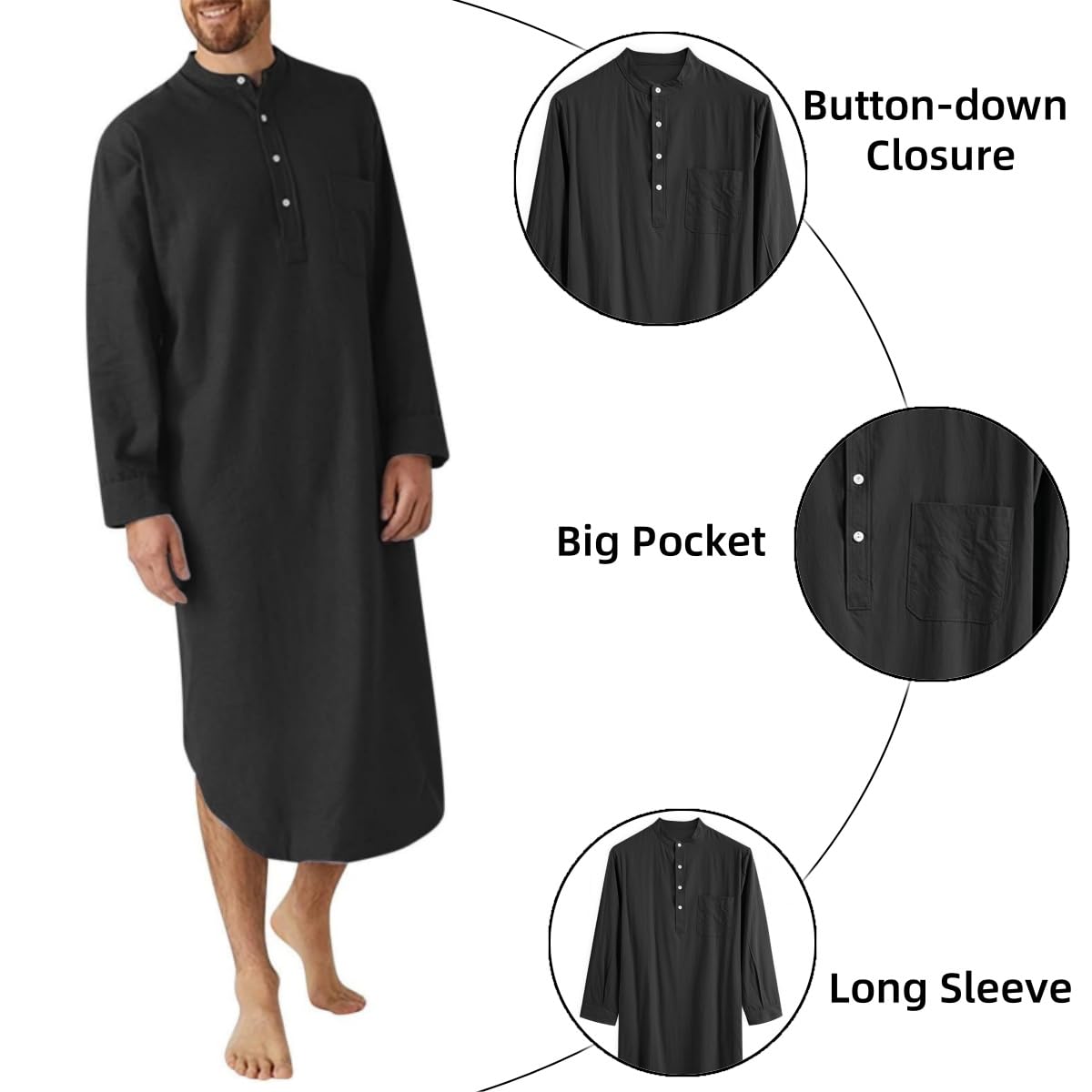 Herren-Kaftan-Thobe, langärmelige Henley-Hemden mit Knopfleiste, lässiges muslimisches Hemd aus Baumwollleinen, seitlich geschlitztes traditionelles muslimisches Kleid Kurta, ethnische Kleidung
