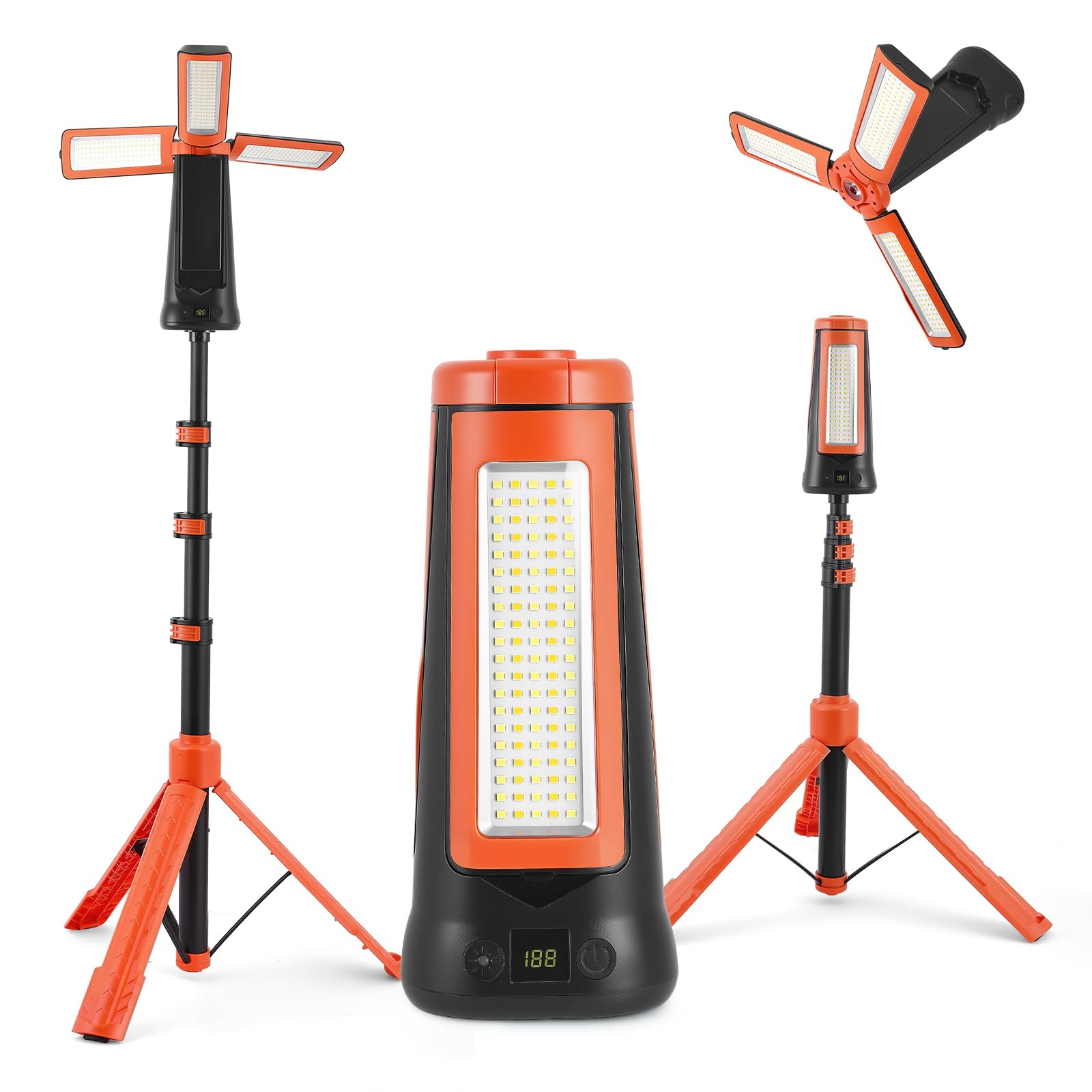 Lampada da campeggio LED ricaricabile con supporto, pannelli girevoli a 180° + telecomando, faretto LED ricaricabile per campeggio, lavoro, illuminazione di emergenza e attività all'aperto
