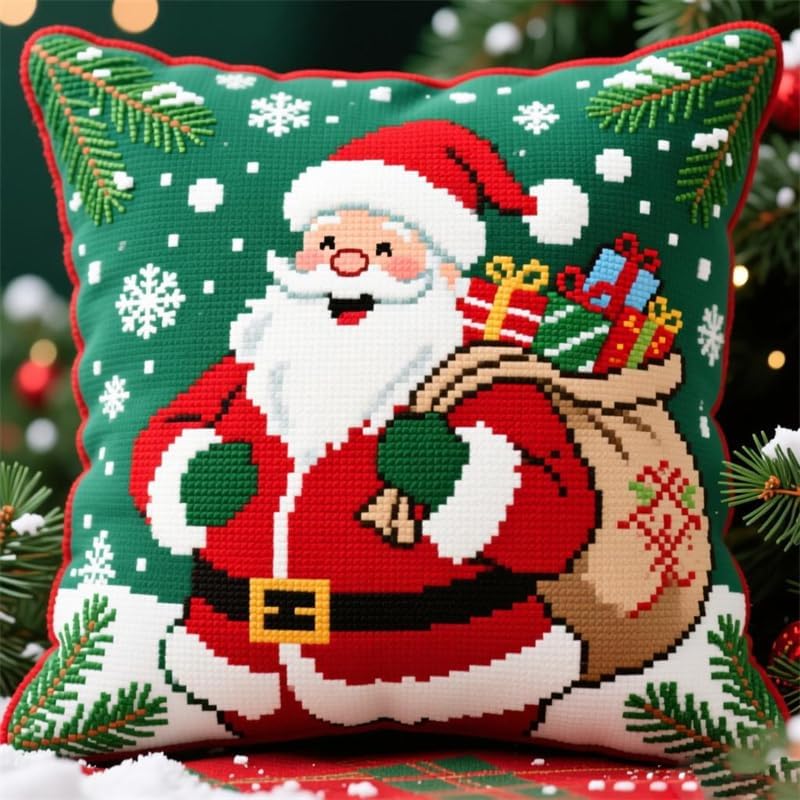 Bcdfgybcaxn Stamped Cross Stitch Pillow Kits,Santa Claus and Gifts,Cross Stitch Cushion Cover Embroidery Kit 11CT Pillow Cover for Adults Beginners 18x18inch