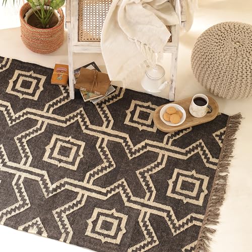 Image of Peepul Tree Handcrafted Monochrome Carpet Black & Beige | Natural Fibre Wool & Jute Rug 3x5 Ft | Geometric Print Area Rug for Home Decor & Gifting | Bedside Runners & Floor Rug| 91Cm x 152Cm