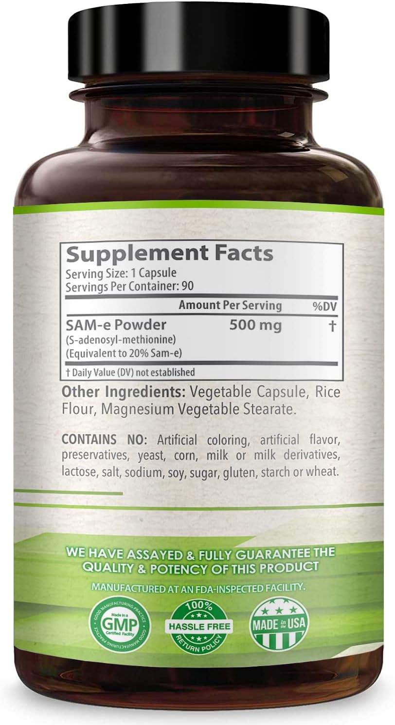 Healthy Way Pure SAM-e 500mg 90 Capsules (S-Adenosyl Methionine) Supports Health & Brain Function Non-GMO USA Made