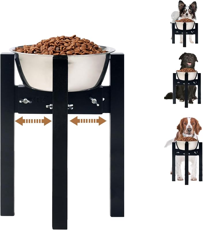 Comedouro elevado ajustável para cães em bambu natural HTB, 14" (35,56 cm), Grande, preto