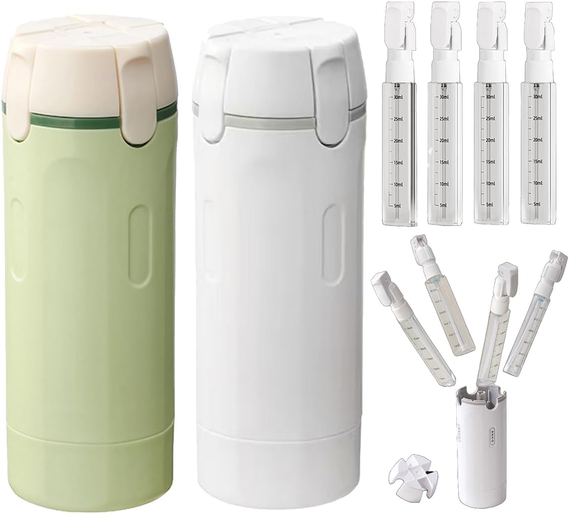 4 in 1 Travel Dispenser, 4 Pack 30ml Travel Bottles for Toiletries, Leak Proof Refillable Containers with Labels, Portable Shampoo Lotion Conditioner Cream with Scale (White&Green-2pcs)