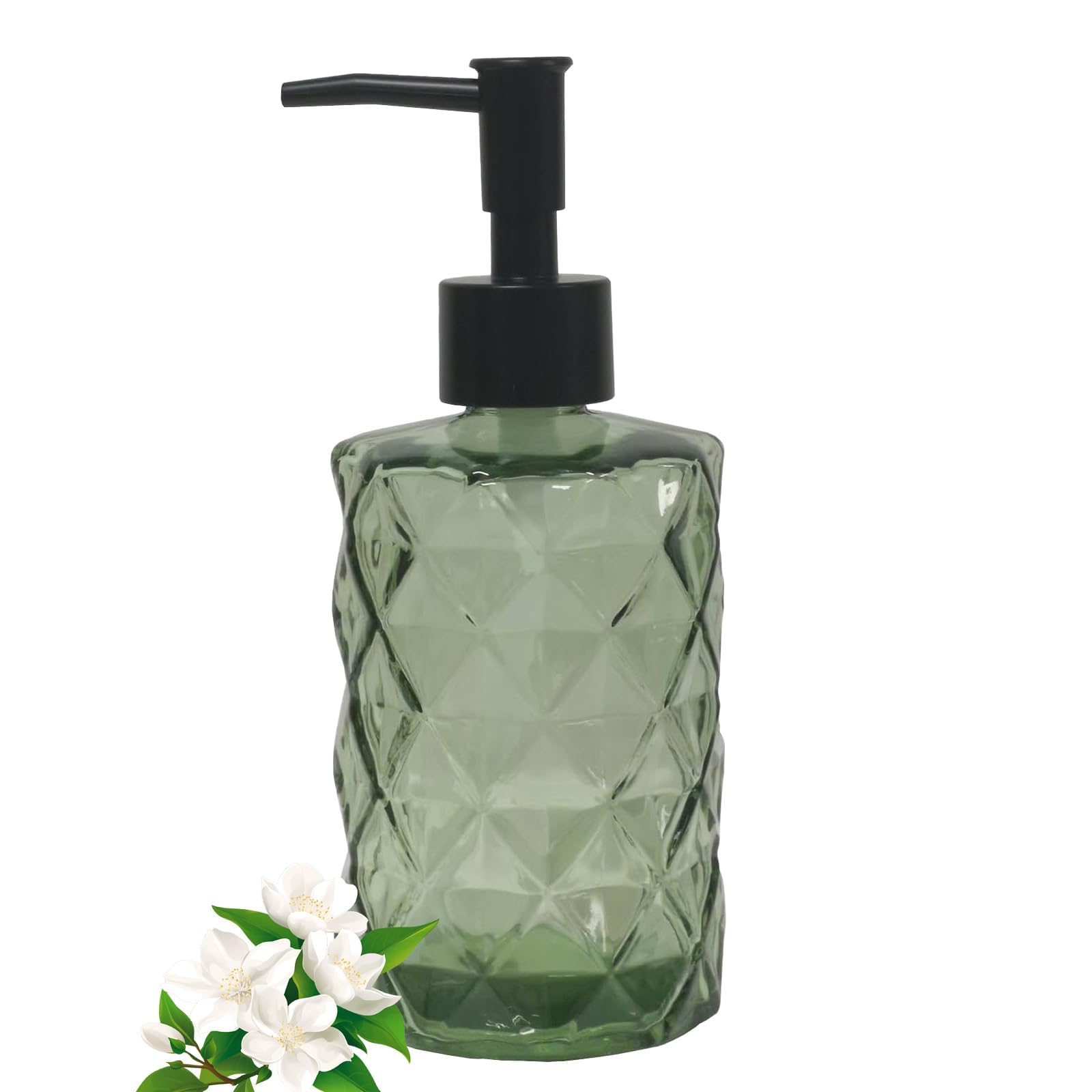 Dispensador de jabón de cristal de 12 oz con bomba de plĆ”stico negro, dispensador de jabón lĆquido recargable verde para encimera de cocina con diseƱo de diamante, botella de loción de cristal para