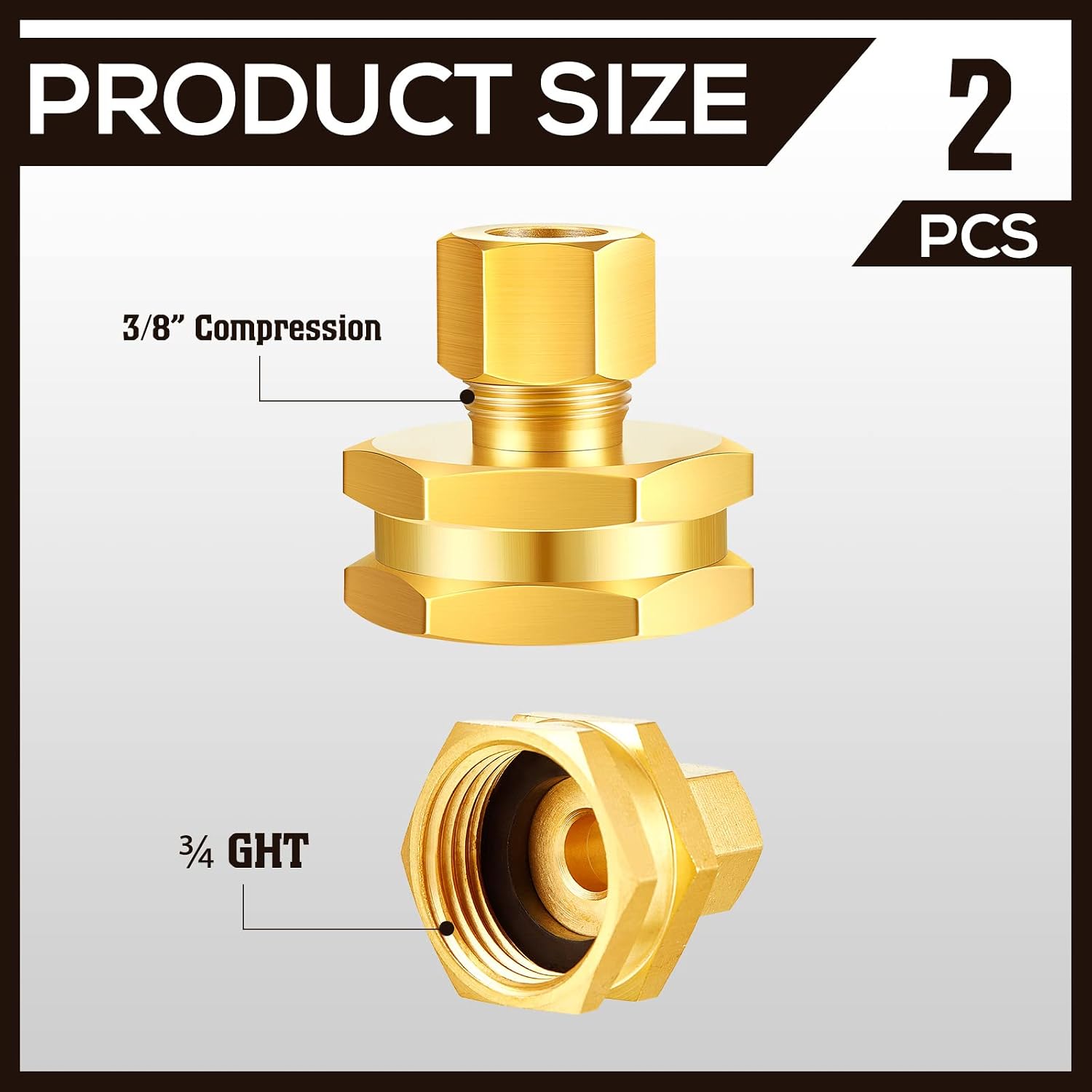Dunzy 2 Pcs 3/8" OD x 3/4" FHT Compression Brass Garden Hose Adapter Swivel 3/8" to 3/4" Water Female to Female Hose Adapter