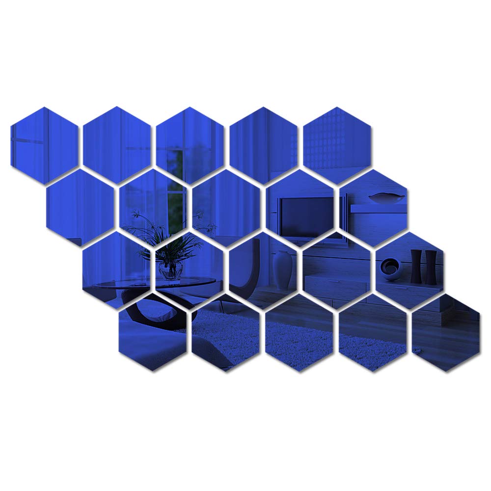 20 Pieces Hexagon Acrylic Mirror Sticker Sheet, Self Adhesive Golden Mirror Wall Decor, Removable Wall Stickers for Bathroom Living Room Bedroom Decal (5x4.3x2.5inch) (Blue)
