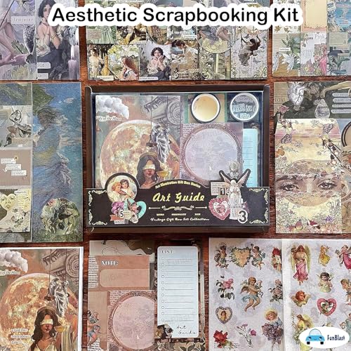 Image of FunBlast Aesthetic Scrapbooking Kit - 213 Pcs Vintage Junk Journal Supplies with Scrapbook Paper, Washi Stickers, A6 Grid Notebook, DIY Craft Journaling Gift for Teen, Girl, Adult (Dark Brown)