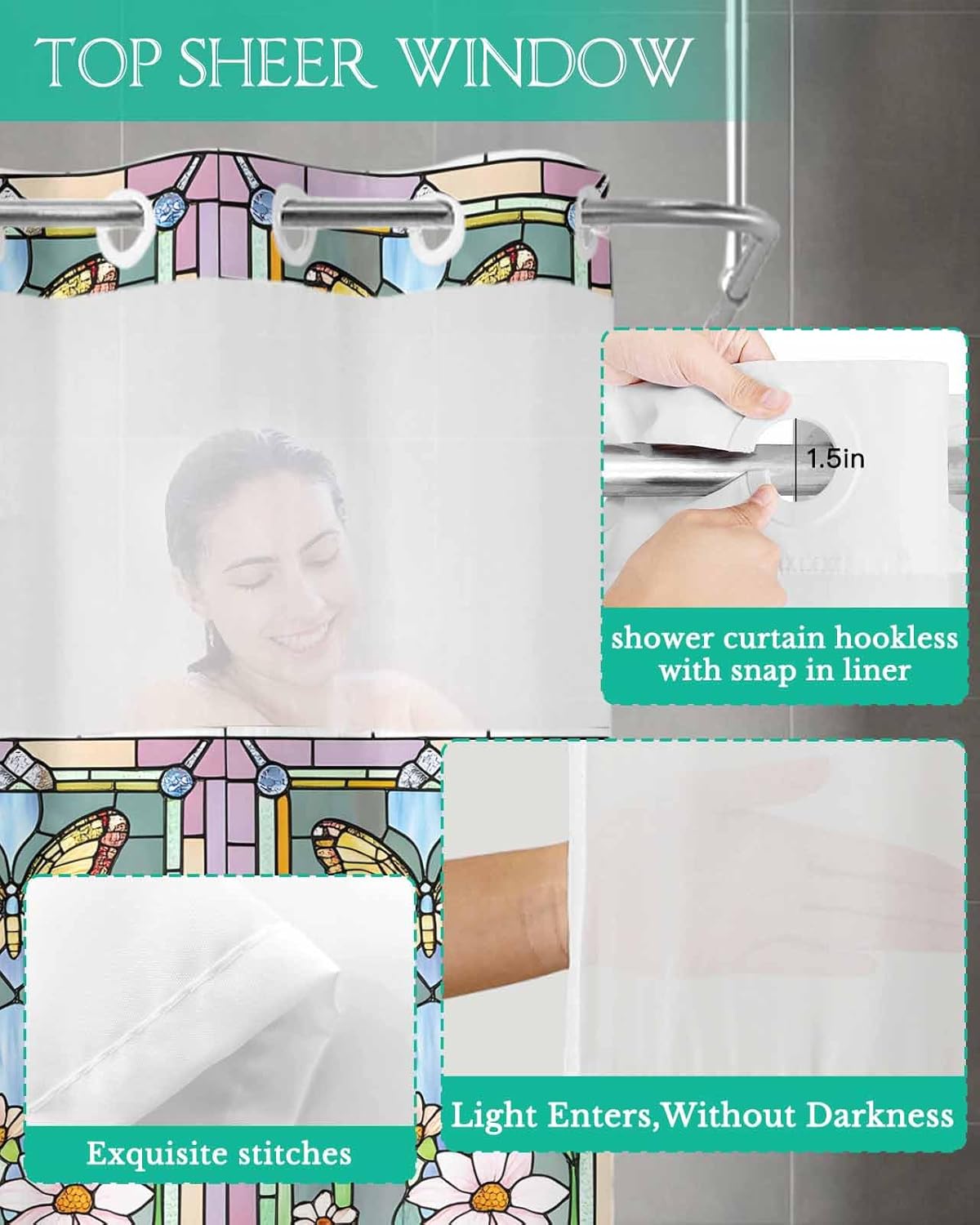 No Hook Shower Curtain with Snap in Liner,Retro Abstract Blossom Flower Waterproof Bath Curtain with See Through Top Window,Butterfly Leaves Plant Paper-cut Shower Curtains for Bathroom Decor,36x72in