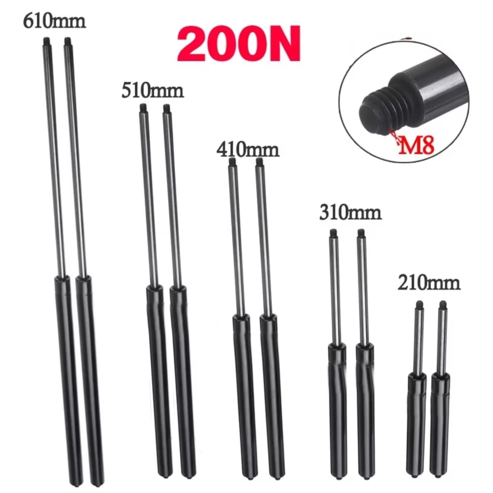 Amortisseur hydraulique Lot De 2 Vérins À Gaz 200 N 10 Mm Pour Capot De Voiture Tige De Support 210-610 Mm Pour Camping-car Fenêtre Bus Caravane(200N 410MM)