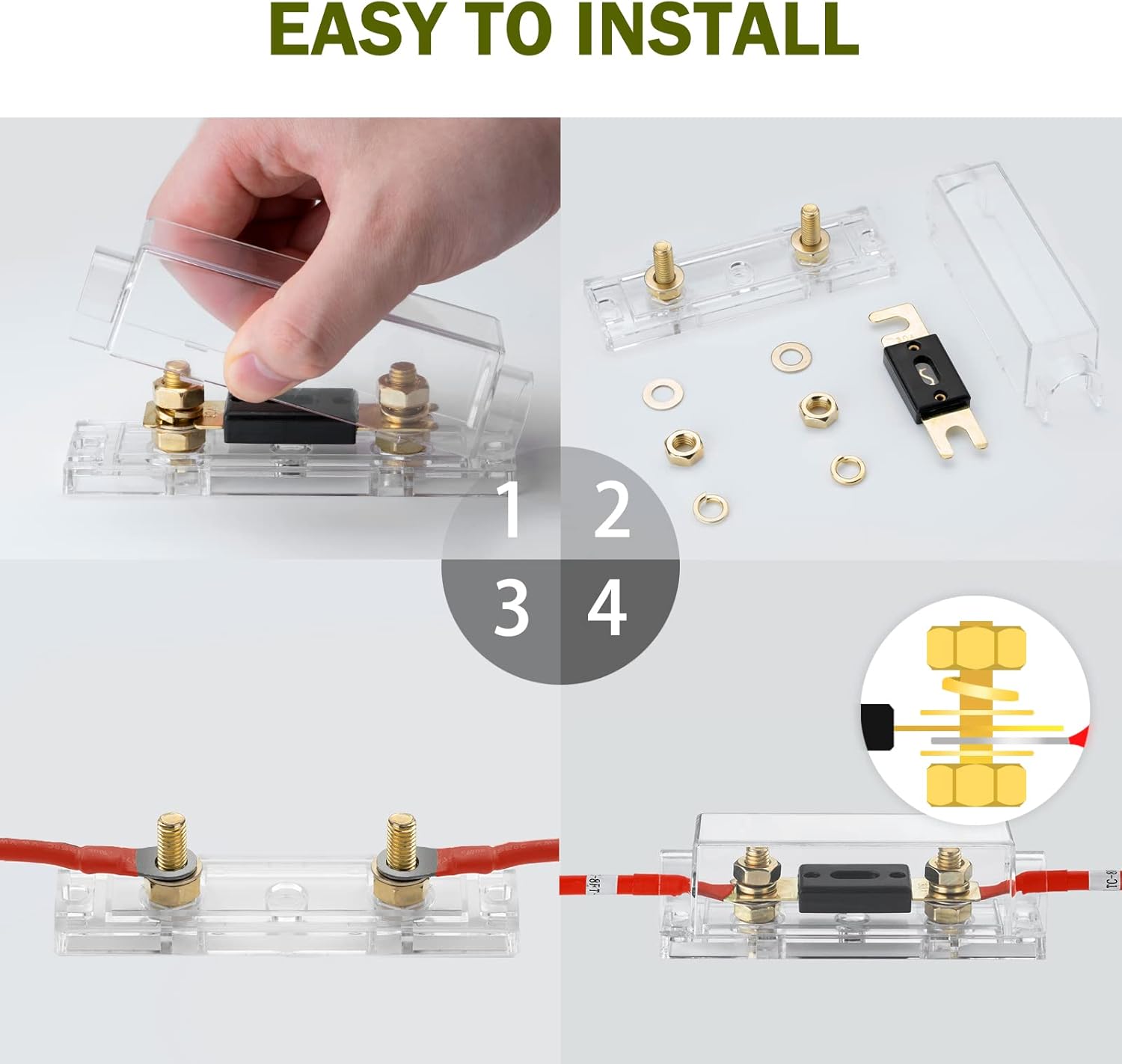 Four-step visual guide for installing the ANL fuse into its transparent holder.