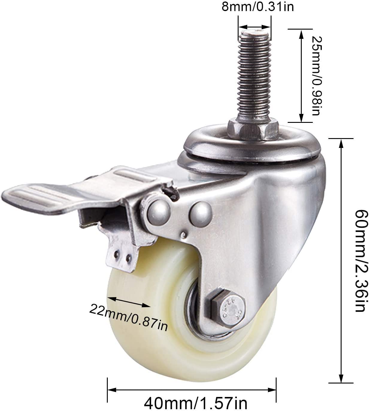 Ruote di Trasporto in Nylon, Ruote, Filettatura: M8/M10/M12, Ruote in Acciaio Inox 304, Cuscinetti a Sfera, Carico 400 kg, 4 Ruote Senza Freno