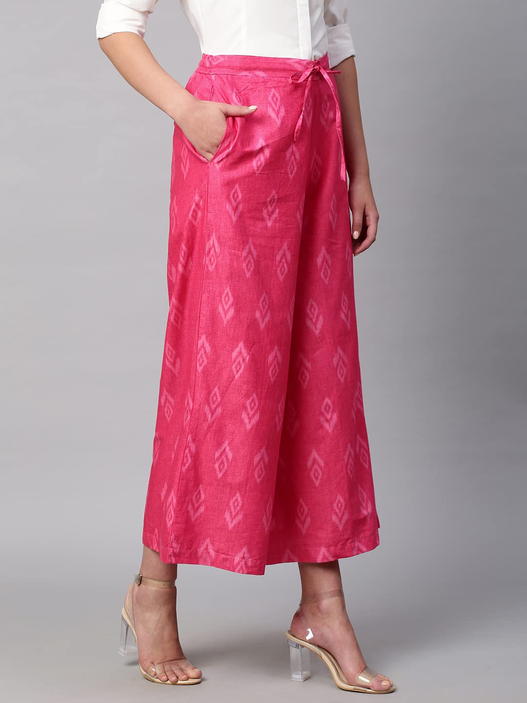 RATAN Women's Cotton Mid Rise Printed Loose Fit Flared Wide Leg Palazzo Pants (CFP-Rani Pink-X-Large) - Image 3 thumbnail