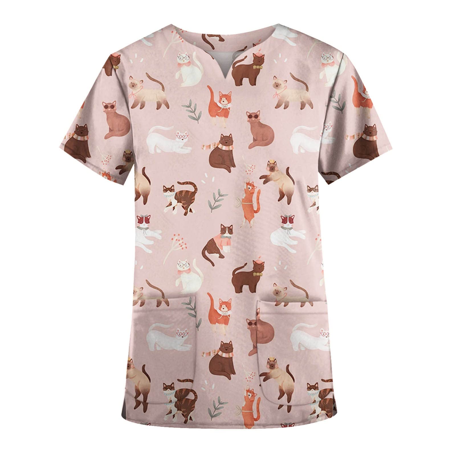 KenvinaWomens Scrub Tops,Summer Animal Patterned V Neck Short Sleeve Workwear with 2 Pockets Stretchy Cute Soft Nursing Tee