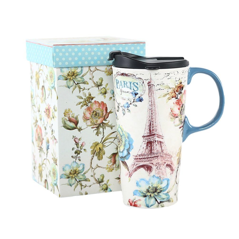 Ceramic Mug with Sealed Lid Coffee Cup with Matching Box,17oz. Eiffel Tower