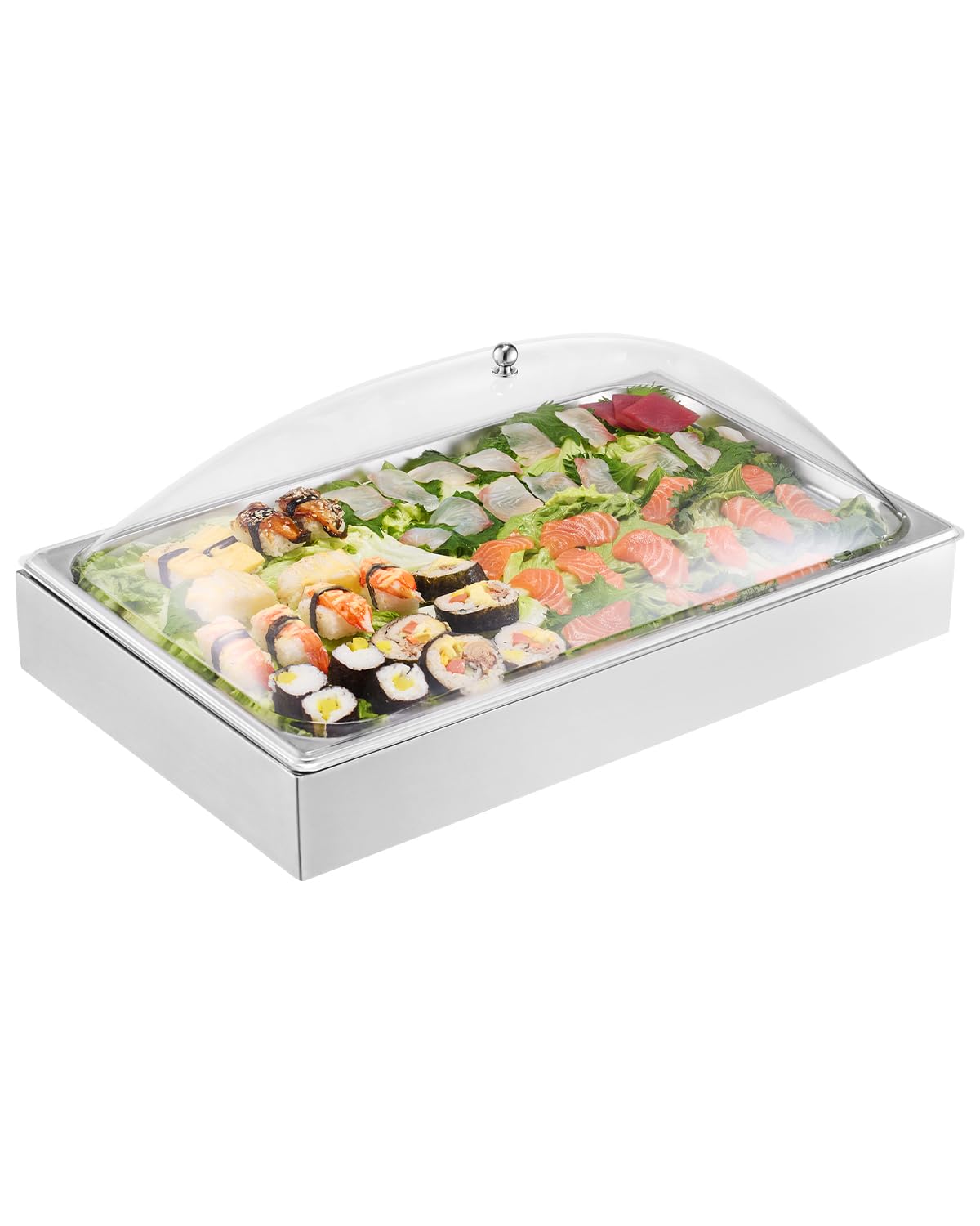 VEVOR Countertop Food Serving Display Container, 1 x 1 Pan Stainless Steel Food Serving Tray, Buffet Condiment Dispenser Display Rack with Clear Lid & 3 Ice Trays, for Restaurant Hotel Kitchen Party