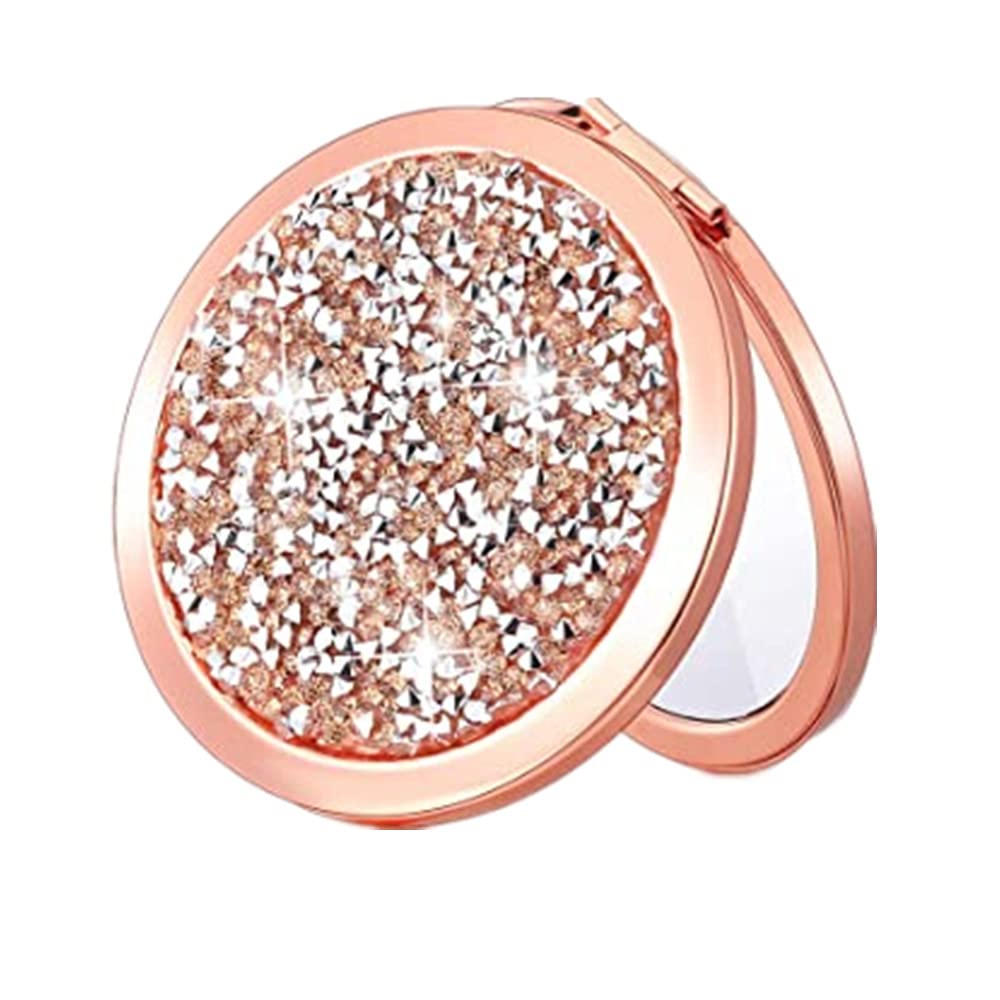 Magnifying Rose Gold Compact Mirror - Mix Diamond Mirror 1x/2x Magnification Travel Makeup Mirror,Double Sided Small Pocket Mirror,Folding Purse Mirror,Cosmetic Mirror for Gift