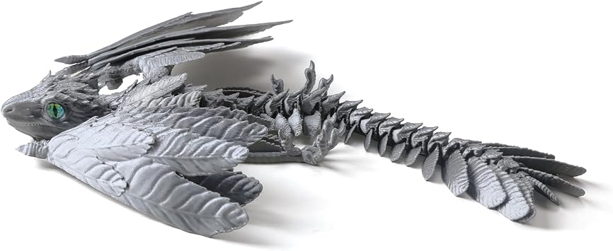 Feathered Wyvern Dragon, 3D Printed Dragon with Wings,Articulated Fidget Toy, 3D Printed Toys, Desktop Pet Silver