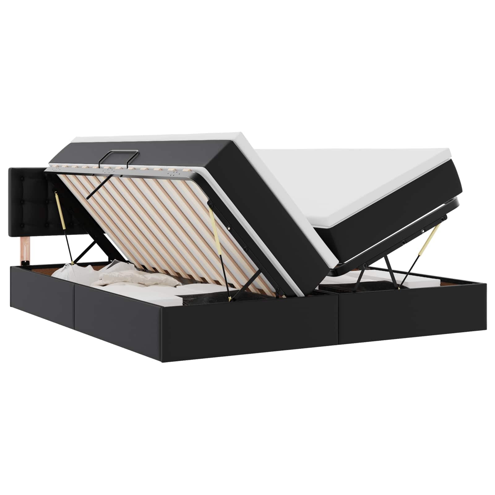 Letto portaoggetti con testiera, nero, 180 x 200 cm, in ecopelle, con materasso, struttura stabile, per camera da letto moderna, con contenitore e meccanismo idraulico
