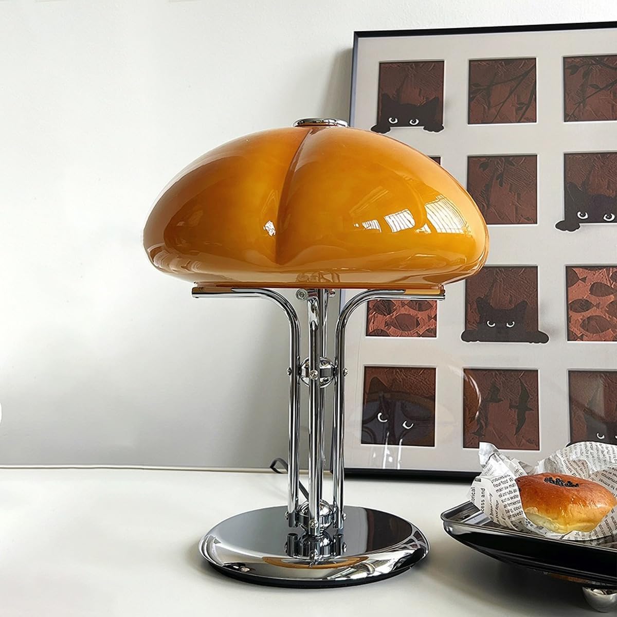 Bauhaus Mushroom Table Lamp with Orange Glass Lampshade,Mid Century Modern Led Caramel Dimmable Night Lamps for Bedroom Living Room Dining Room Orange-L