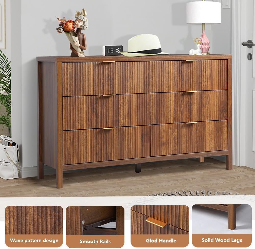6 Drawer Dresser Cabinet, Long Nightstand with Drawers and Storage Cabinet, Farmhouse Solid Wood Dresser TV Stand, Mid Century Modern Nightstand with 6 Drawer Side Table for Bedroom Closet (Walnut)
