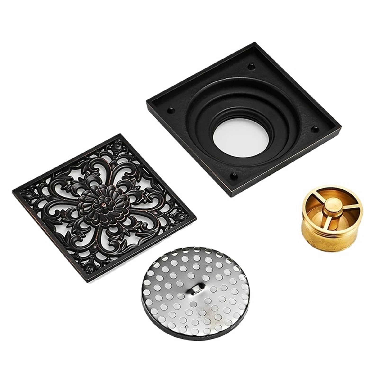 Núcleo de drenaje del suelo Desagüe cuadrado de 10cm de latón negro, colador de drenaje for ducha, cubierta de suelo, arte tallado, balcón, baño, accesorios de baño, rejilla de residuos(Black-T)
