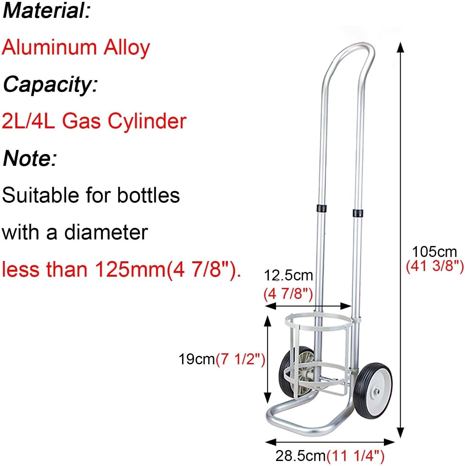 Adjustable Aluminum Alloy Oxygen Tank Holder Cart - 2-Wheel Rolling Dolly for 14.6cm (5.75") Gas Cylinders - Ideal for Home & Laboratory Use