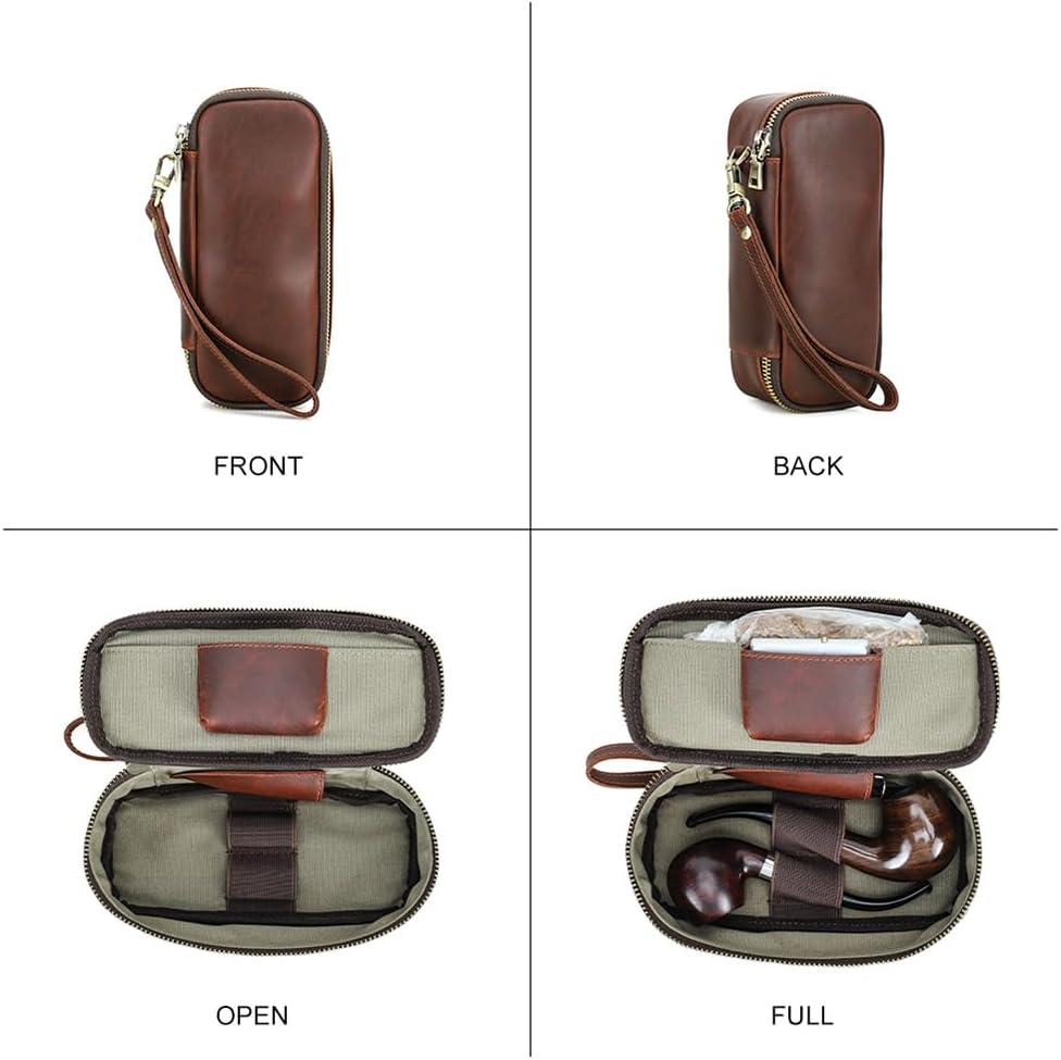 CONTACTS Full Grain Leather Small Pipe Tobacco Pouch Travel Smoking Pipe Organizer Portable Accessories Lighter Holder Tobacco Pipes Case for 2 Pipes