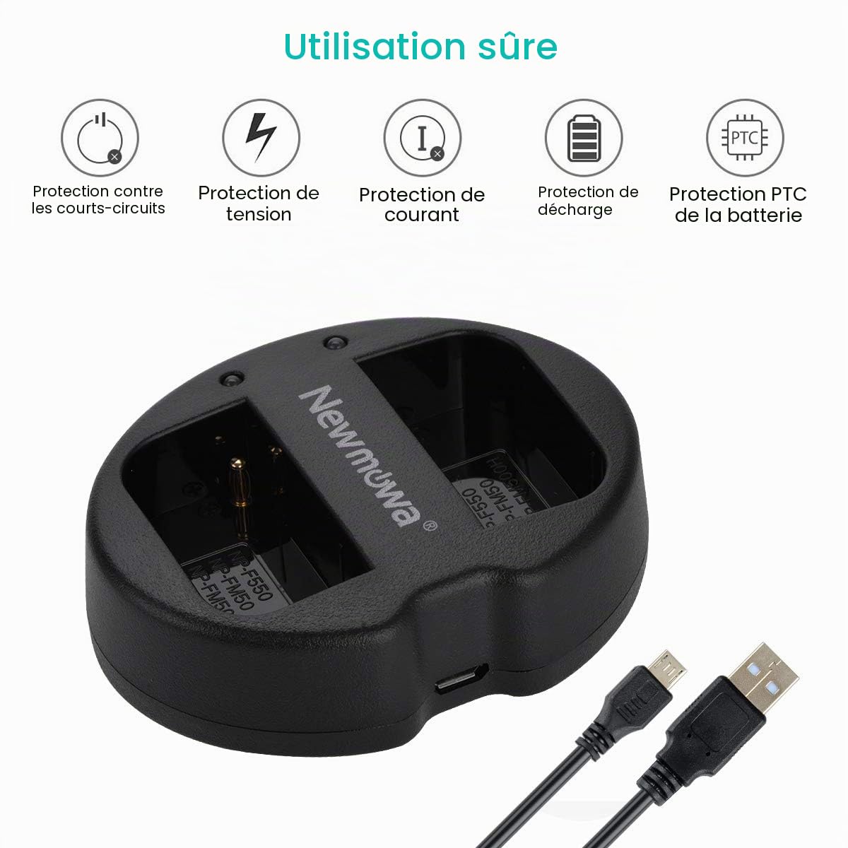 Newmowa NP-FM50 Remplacement Batterie (2 accus) et Chargeur USB Portable Kit pour Sony NP-FM30,NP-FM51,NP-QM50,NP-QM51,CCD-TRV128,CCD-TR108,CCD-TR208,CCD-TR408,CCD-TR748,CCD-TRV106,CCD-TRV107