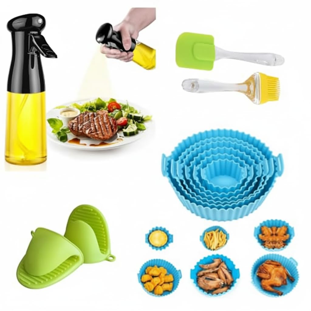 NEKIFACE 6 Pcs Round Reusable Non-Stick air Fryer Accessories Silicone Coating Pot Basket for Microwave Oven oil sprayer bottle and Oil brush And Spatula Set with silicone Glows | Baking Tools & Accessories