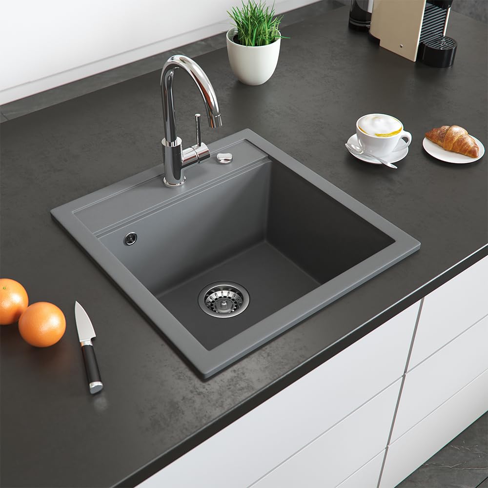 Bergström Lavello "Tesa", Grigio, 49 x 51 cm | con piletta di scarico e fori preforati per rubinetteria