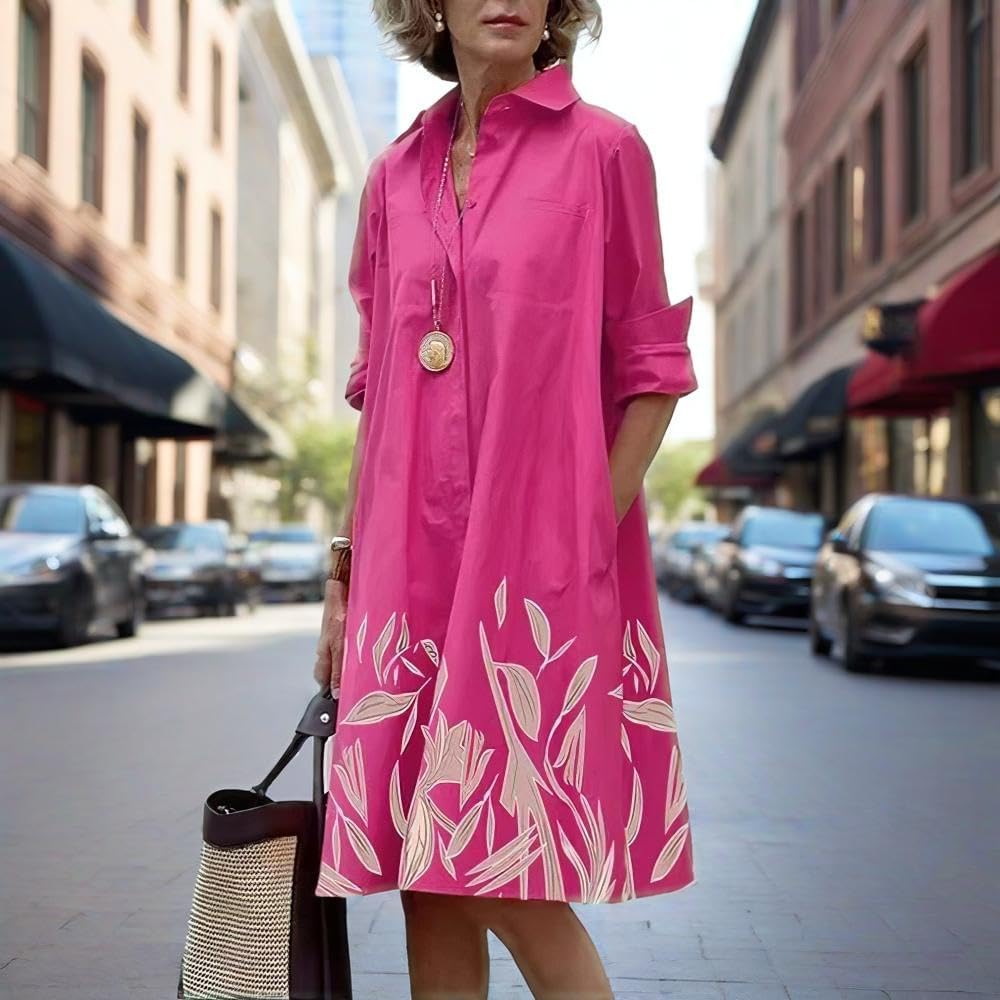 Womens 2025 Long Sleeve Button Down Shirt Summer Dress Casual V Neck Loose Fit Midi Shirt Dresses with Pockets - Image 3